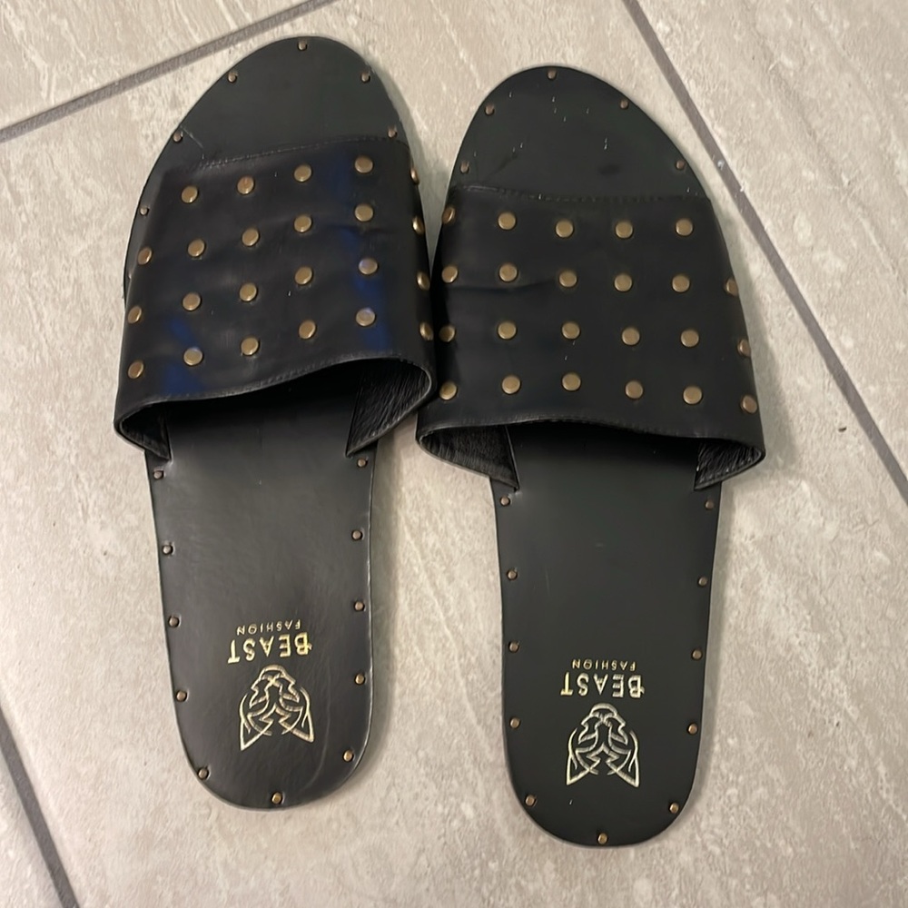 Beast Fashion black slides with gold stud detail